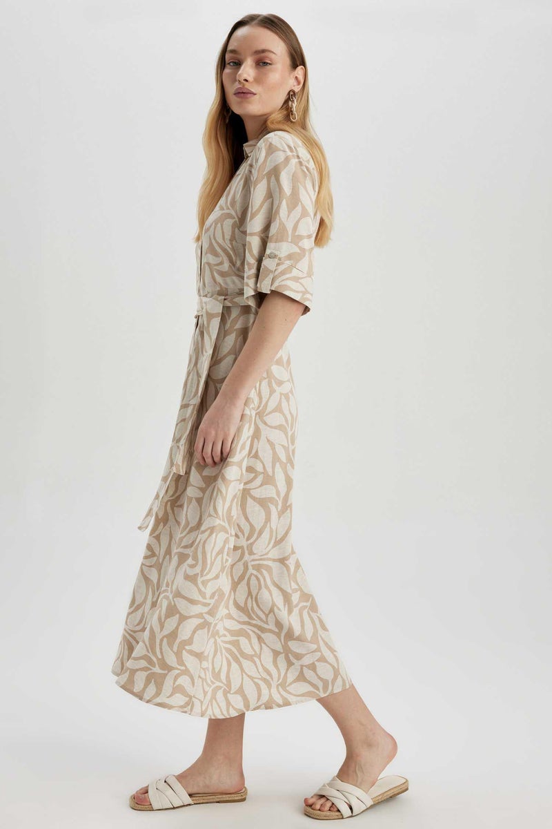 DeFacto Beige Woman Shirt Collar Patterned Short Sleeve Linen Blend Midi Dress Casual - Image 5